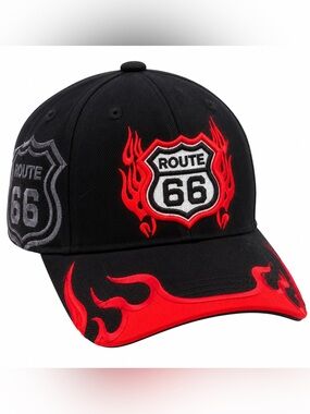 Route 66 Black Red Flame Embroidered Baseball Cap Y2K Biker Racing Hat